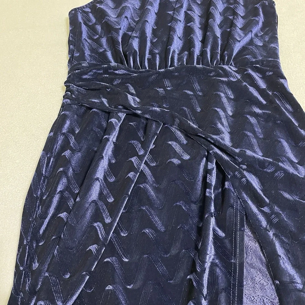 Women's Psychedelic Blue Velvet Lace Mini‎ Dress Halter Neck Slit L HOCO Formal